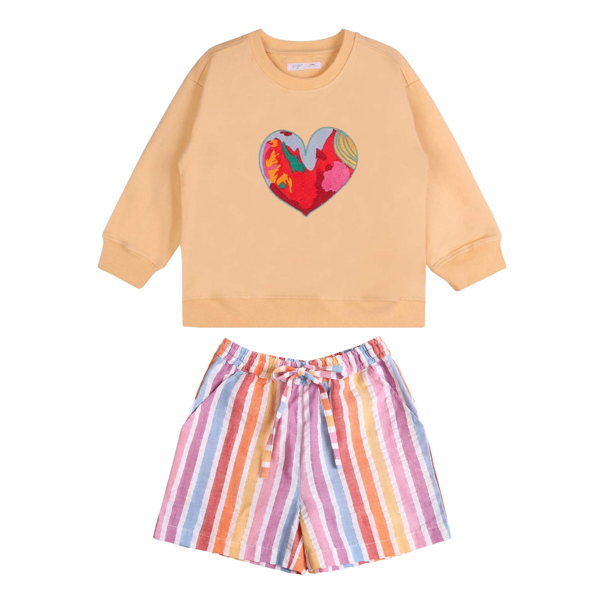 Orange Happy Heart Sweatshirt + Rainbow Shorts Set - piglo kids