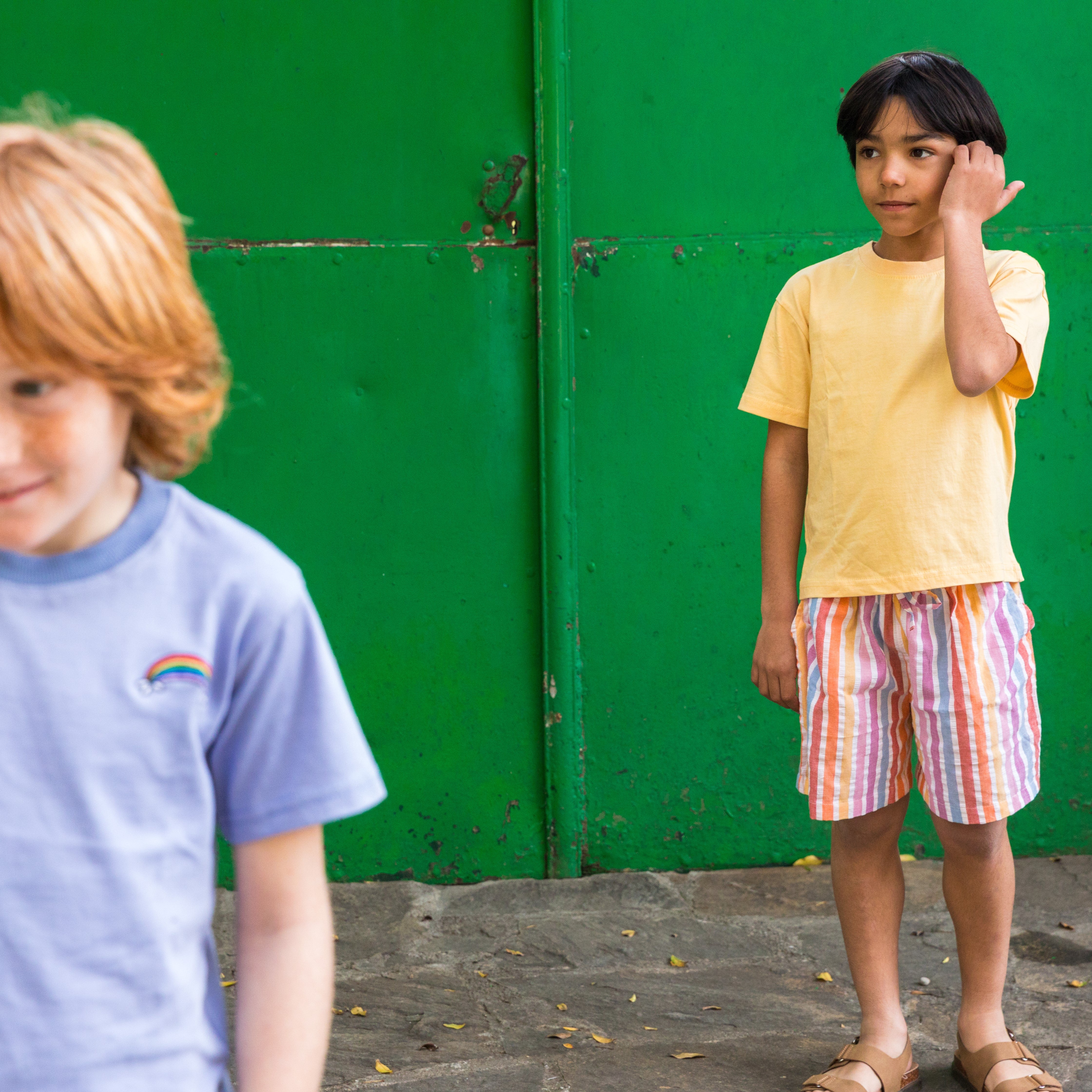 Orange T-shirt and Rainbow Bermuda Shorts Set - piglo kids