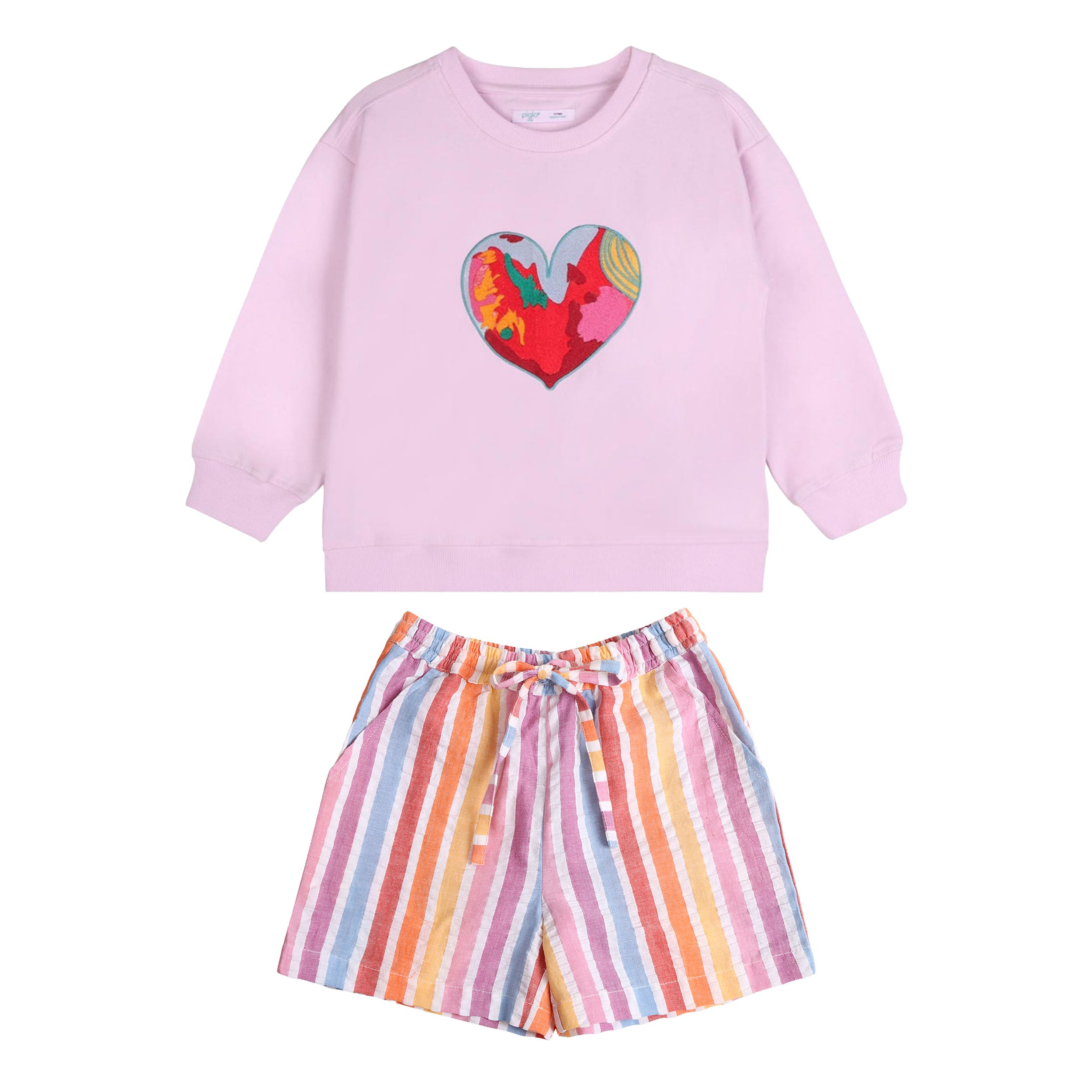 Pink Happy Heart Sweatshirt + Rainbow Shorts Set - piglo kids