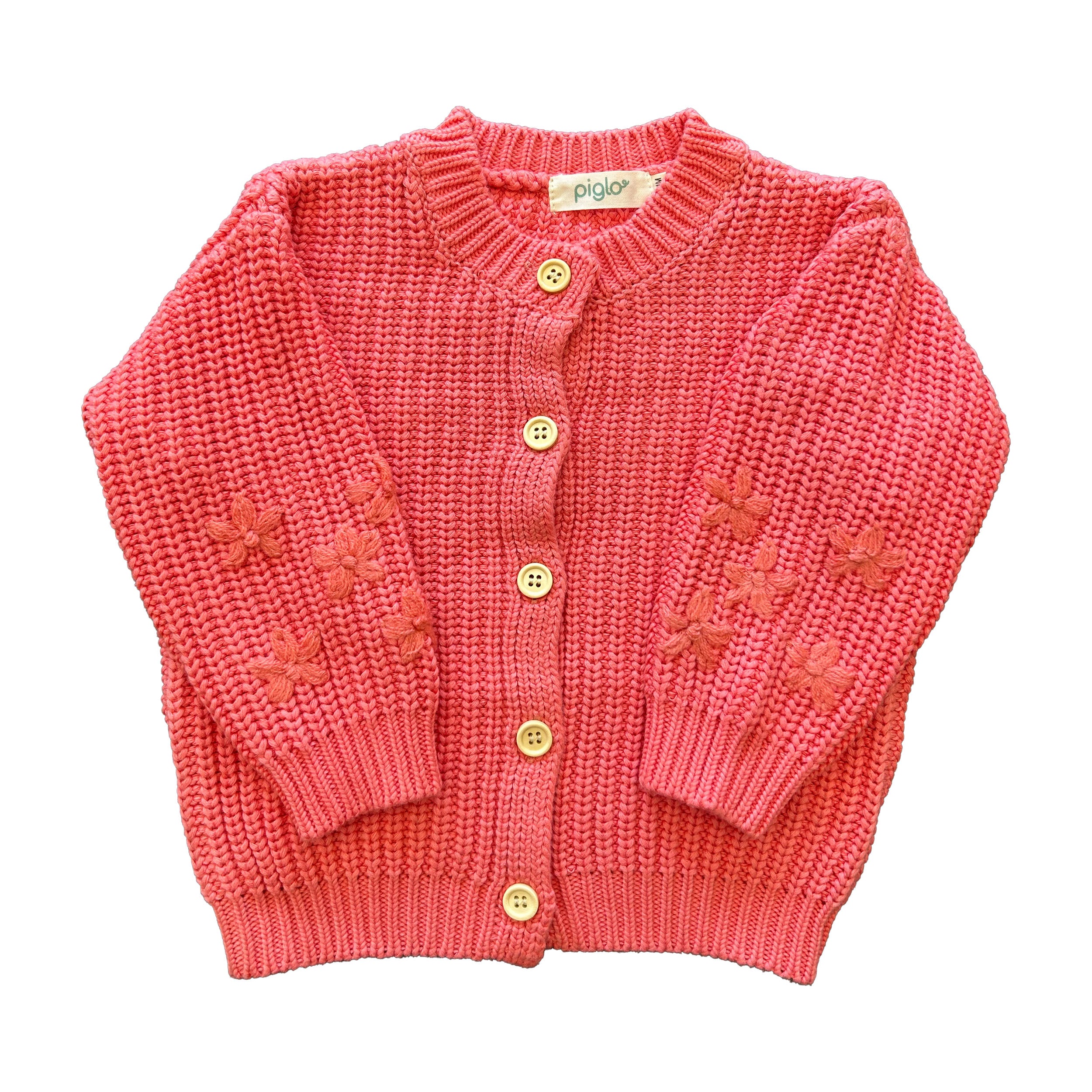 Pink knitted cardigan with floral patterns